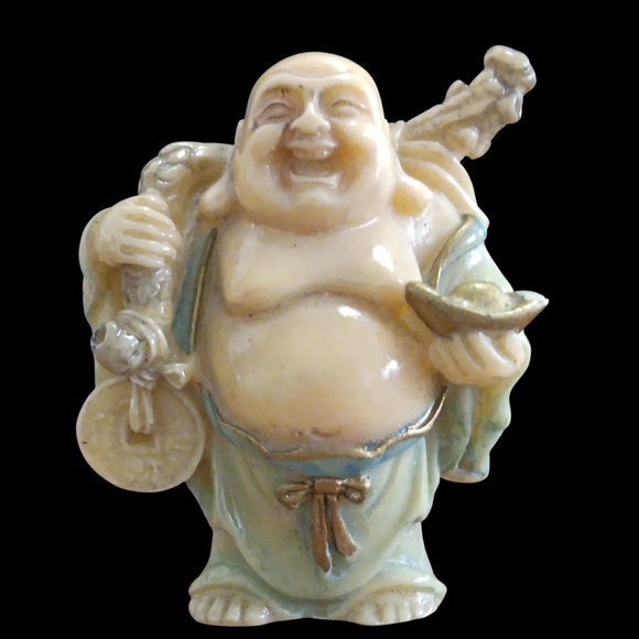 Set of 6 Vintage "Laughing Buddha" Figurines in Cream (Faux Ivory) and Blue - Picture 2 of 13